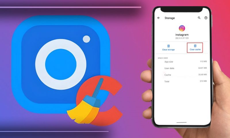 A before-and-after graphic showing a slow, cluttered phone transforming into a fast, optimized phone, symbolizing the performance benefits of clearing the Instagram cache.
