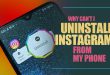 A smartphone screen showing the Instagram app icon that a user can't uninstall, representing a common phone issue.