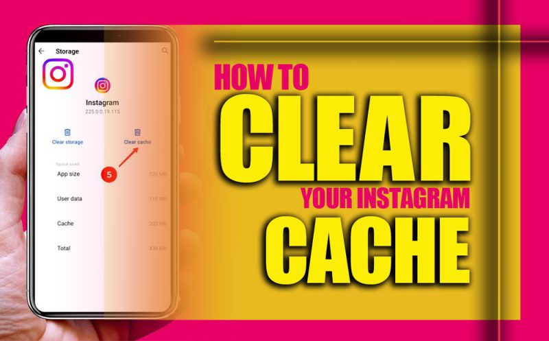 A smartphone displaying the Instagram app logo surrounded by 'storage full' and 'slow performance' warning icons, illustrating the need to clear the Instagram cache.
