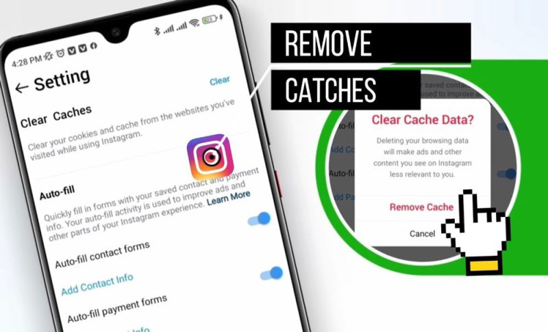 A screenshot inside the Instagram app showing the 'Recent Searches' screen under 'Your Activity,' with an arrow pointing to the 'Clear All' button.