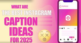 A top-down view of a smartphone showing the Instagram app, next to a notebook with "Instagram caption ideas for 2025" being written.