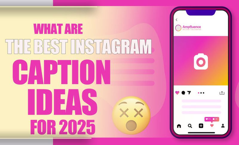 A top-down view of a smartphone showing the Instagram app, next to a notebook with "Instagram caption ideas for 2025" being written.