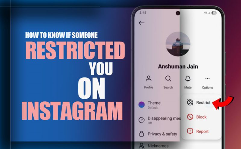 An illustration of a smartphone showing an Instagram profile with a magnifying glass over the comments, symbolizing how to know if someone restricted you.