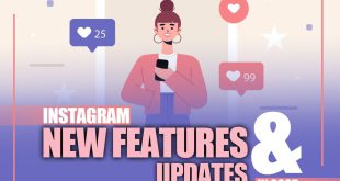The Instagram logo surrounded by icons representing the platform's latest features, such as video editing and AI.