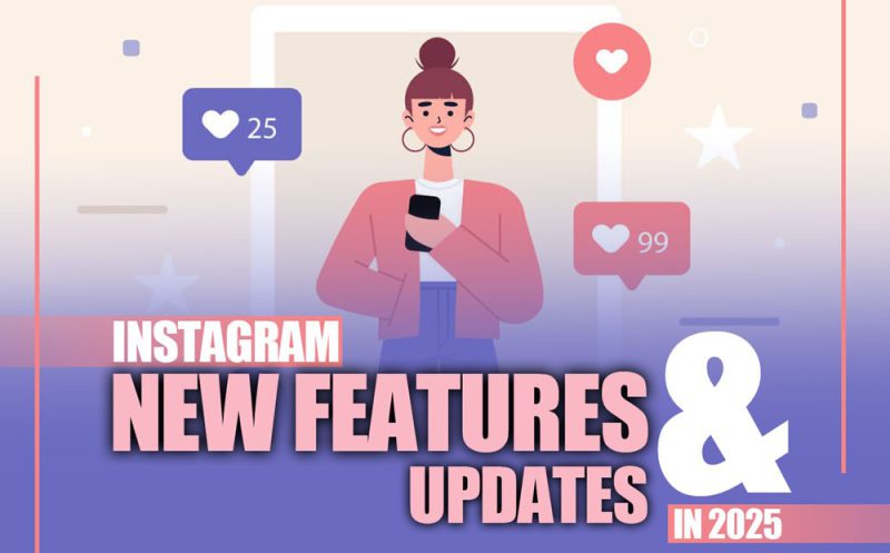 The Instagram logo surrounded by icons representing the platform's latest features, such as video editing and AI.