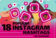 A smartphone displaying a list of the most popular Instagram hashtags organized by category.