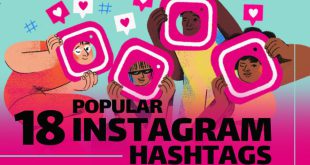 A smartphone displaying a list of the most popular Instagram hashtags organized by category.