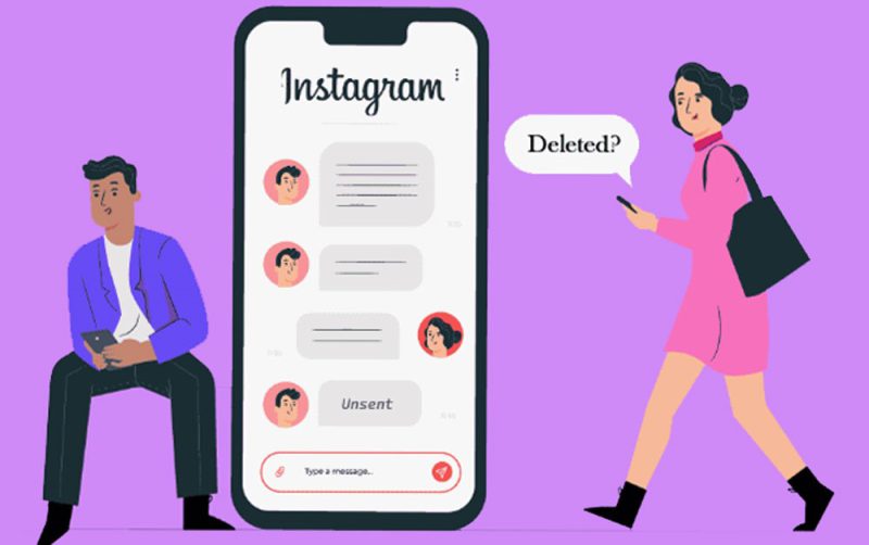 A screenshot showing the 'Unsend' option being selected after long-pressing a message in an Instagram DM chat.
